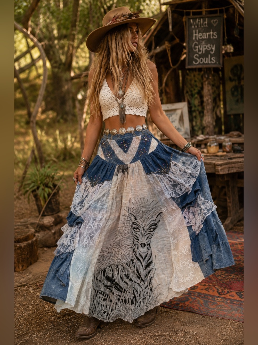 Handmade Wearable Art Zebra Woman Denim Lace Patchwork Maxi Skirt Boho M Gypsy - Picture 2 of 14